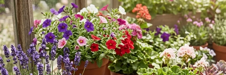 Potted petunias, geraniums and lavender in the Miller's Mitre 10 nursery