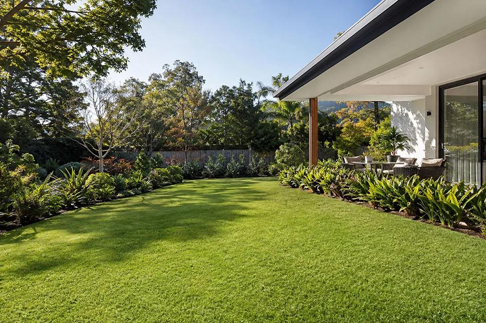 Thick, healthy buffalo lawn in a Narangba backyard after spring preparation