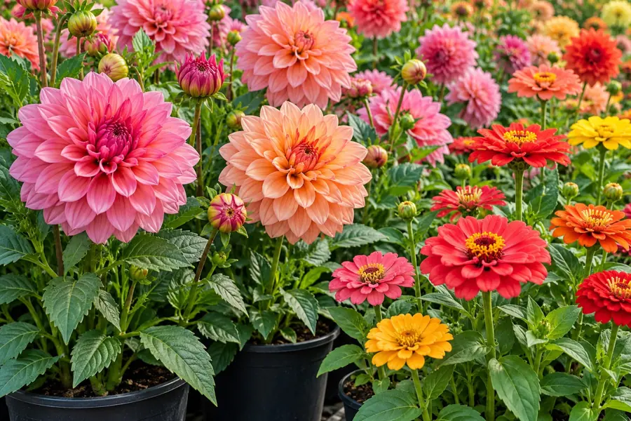 Pink, peach and red dahlias and zinnias in pots