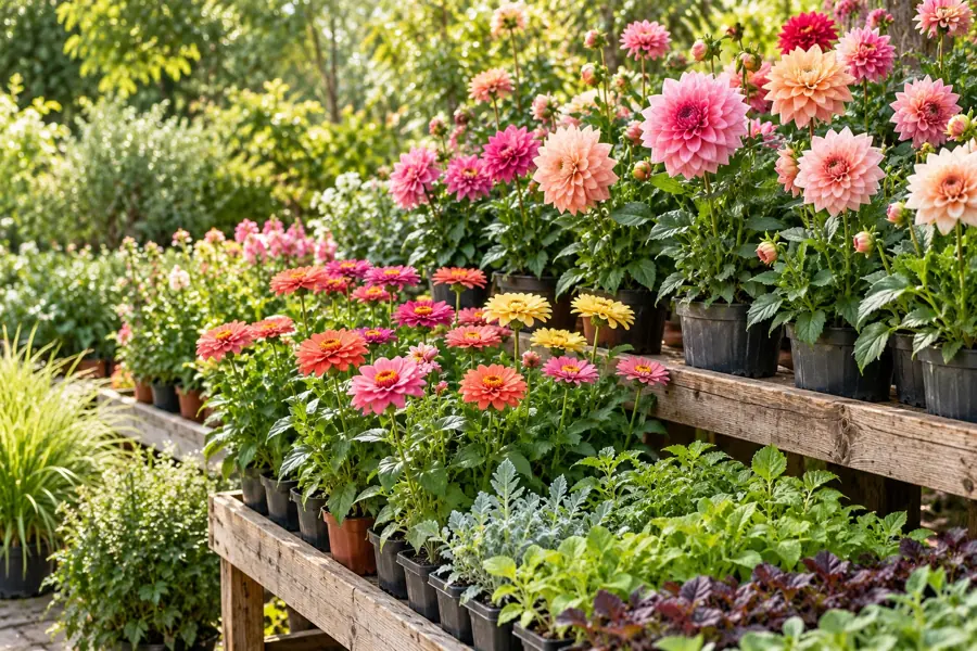 Potted dahlias, zinnias and vegetable seedlings on timber nursery benches