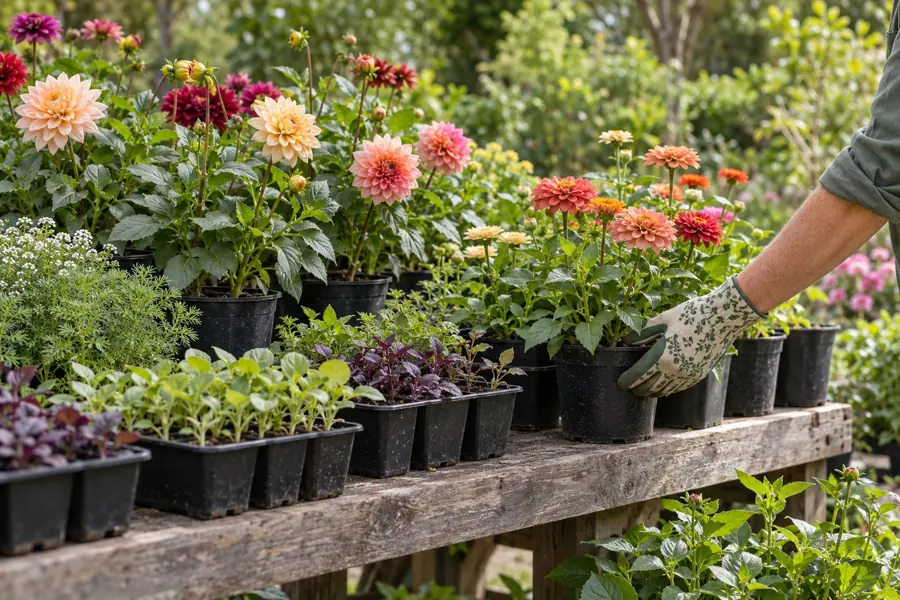 Seasonal flowering plants and seedlings in pots on a nursery bench
