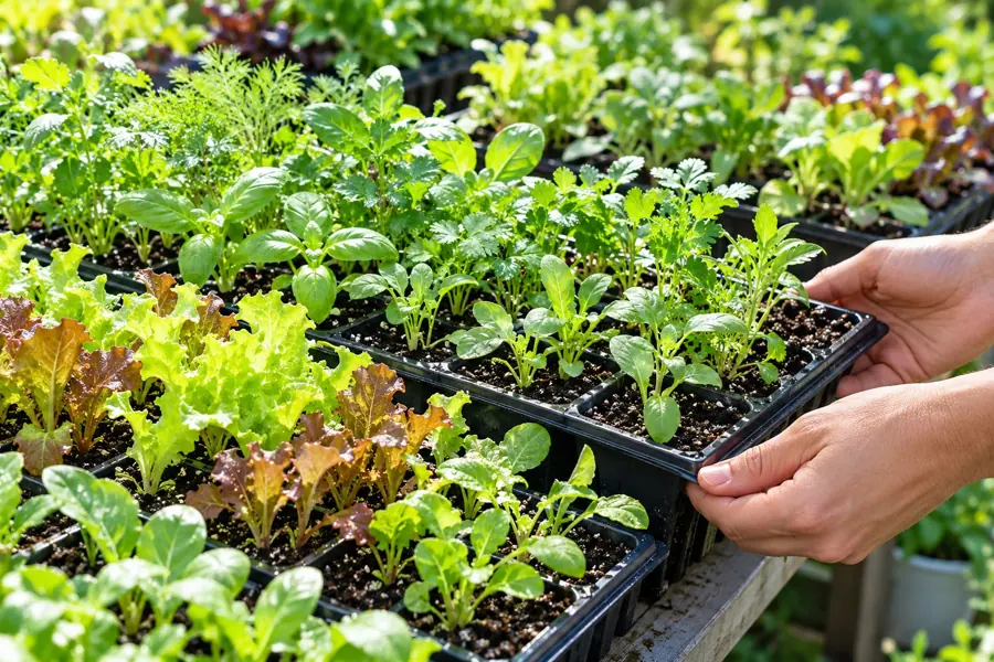 Trays of lettuce, herb and vegetable seedlings