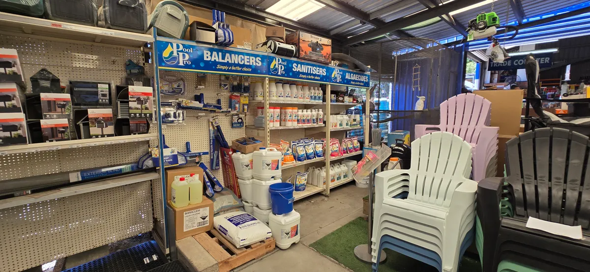 Pool supplies with chemicals and equipment